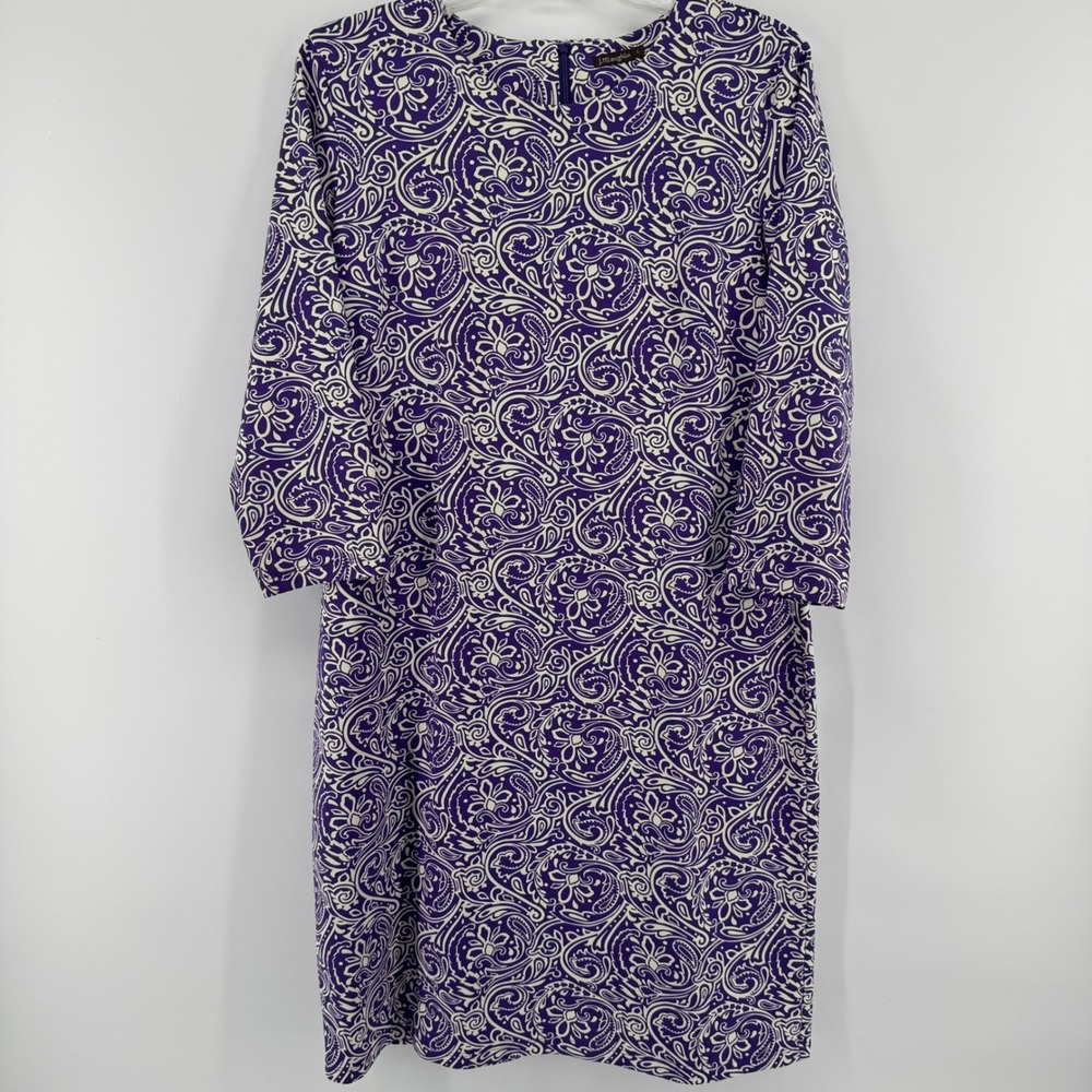 J.McLaughlin Shift Dress Womens Large Purple White Paisley 3/4 Sleeve Stretch